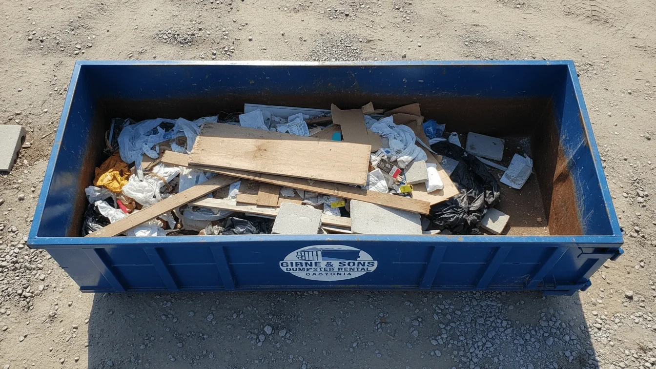 A Girne & Sons Dumpster Rental Gastonia roll-off container loaded and ready for pickup in Gastonia, NC