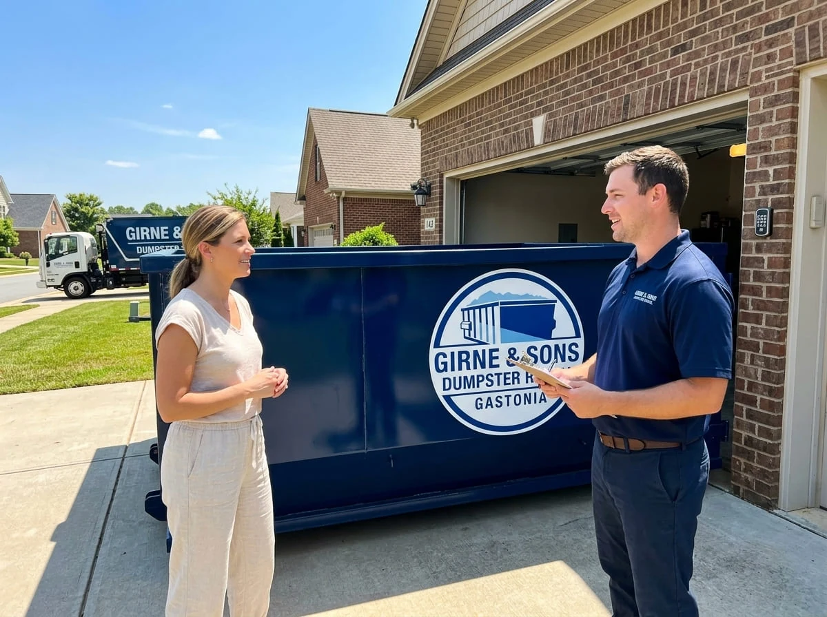 A Girne & Sons Dumpster Rental Gastonia crew member reviewing delivery details with a customer at a Gastonia, NC jobsite