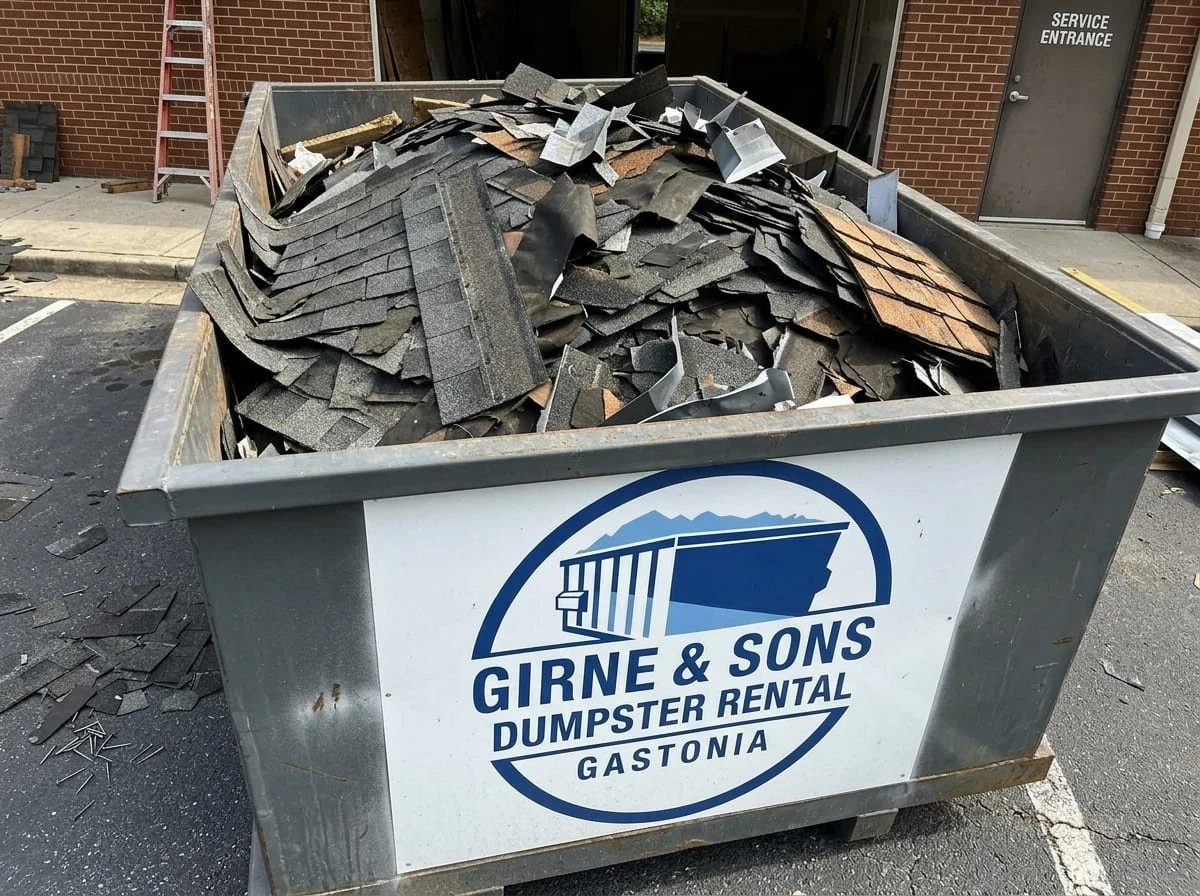 Dumpster loaded with roofing debris for proper disposal in Gastonia, NC