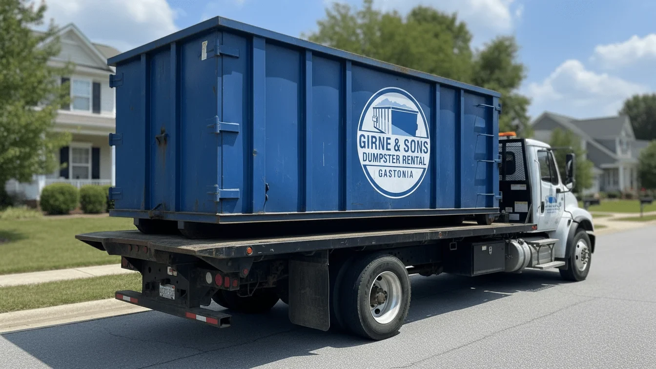 Roll-off dumpster loaded on a truck near Gastonia, NC